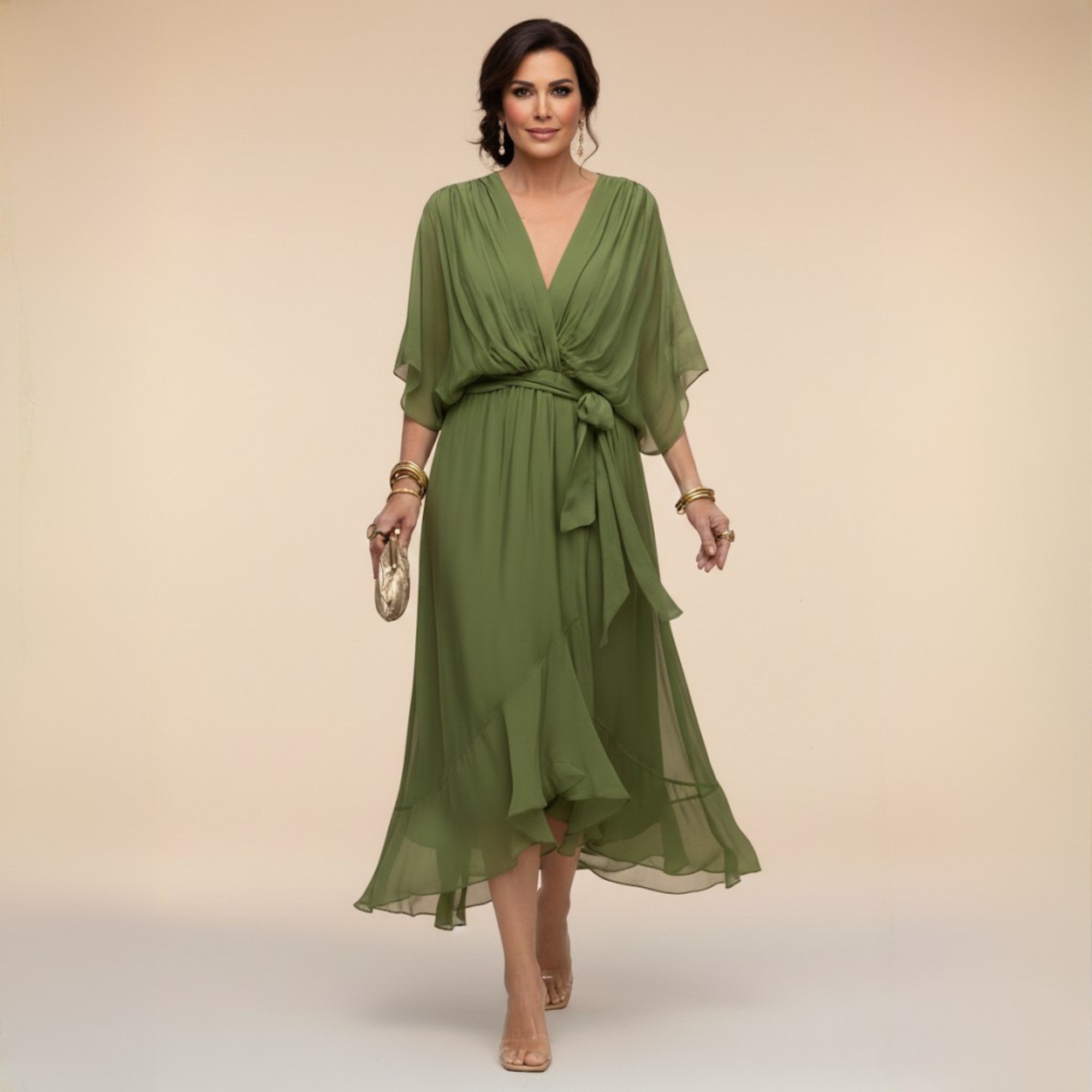 Vestido Monica chiffon verde escote V largo – Cloe Paris