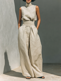 Conjunto Marieta lino algodón beige sin mangas – Cloe Paris