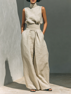 Conjunto Marieta lino algodón beige sin mangas – Cloe Paris