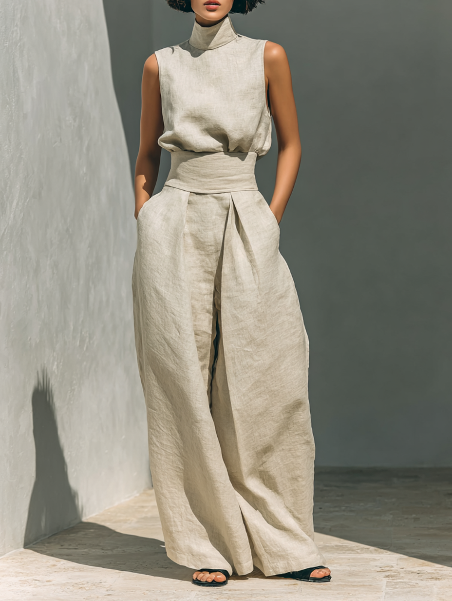 Conjunto Marieta lino algodón beige sin mangas – Cloe Paris