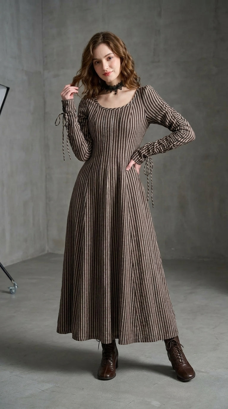 Vestido largo de rayas vintage Catalina con manga larga abullonada · Cloe Paris