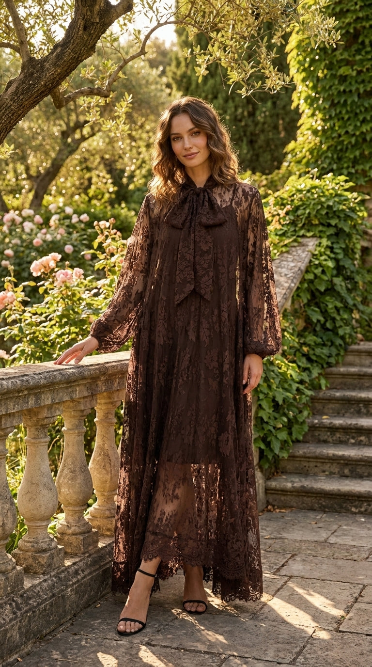 Vestido largo de encaje bohemio Iris en marrón chocolate · Cloe Paris
