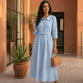Vestido Paloma lino azul clásico cintura ajustable – Cloe Paris