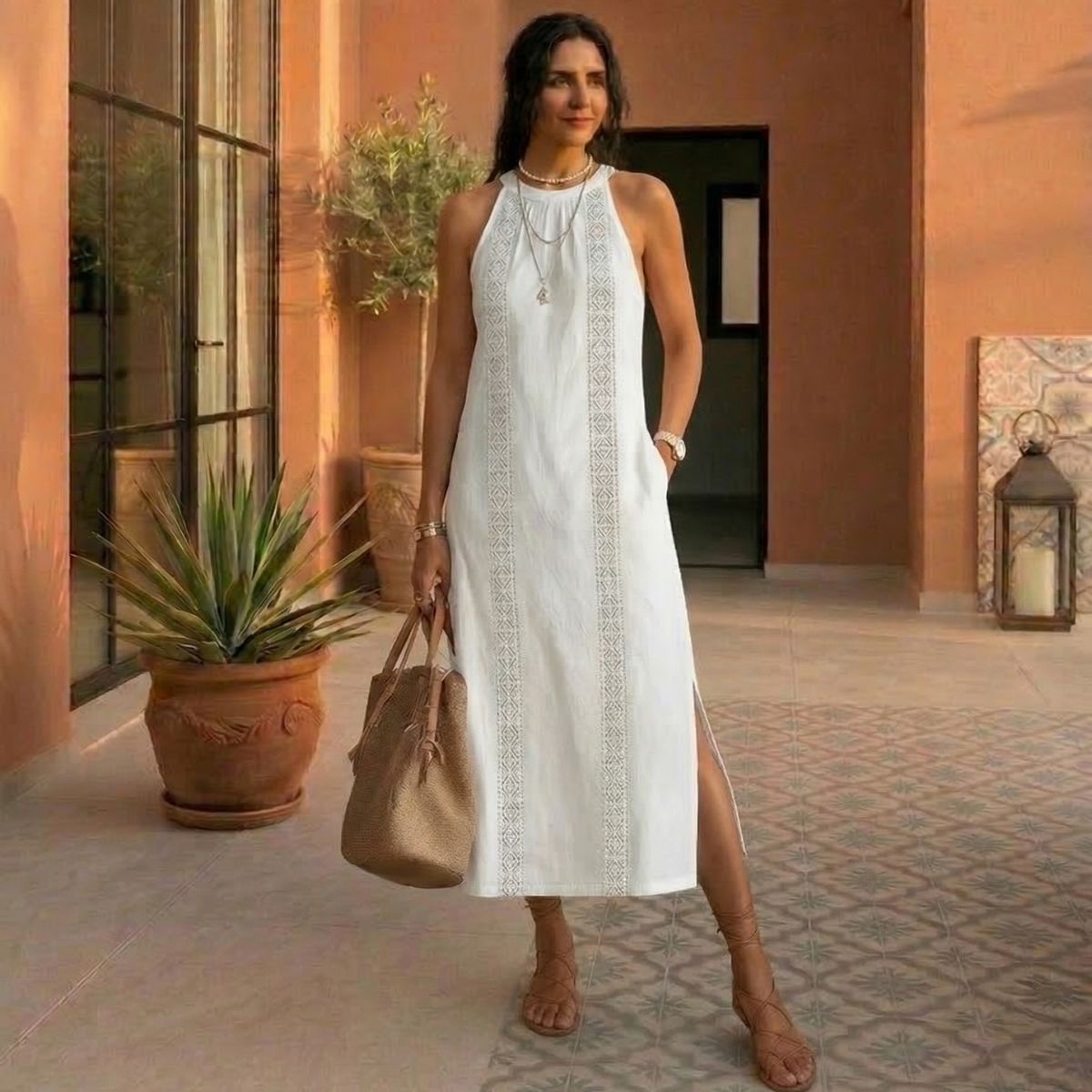 Vestido Jimena lino blanco cuello mao vaporoso – Cloe Paris