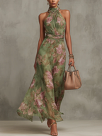 Vestido Sophie floral verde escote halter elegante – Cloe Paris