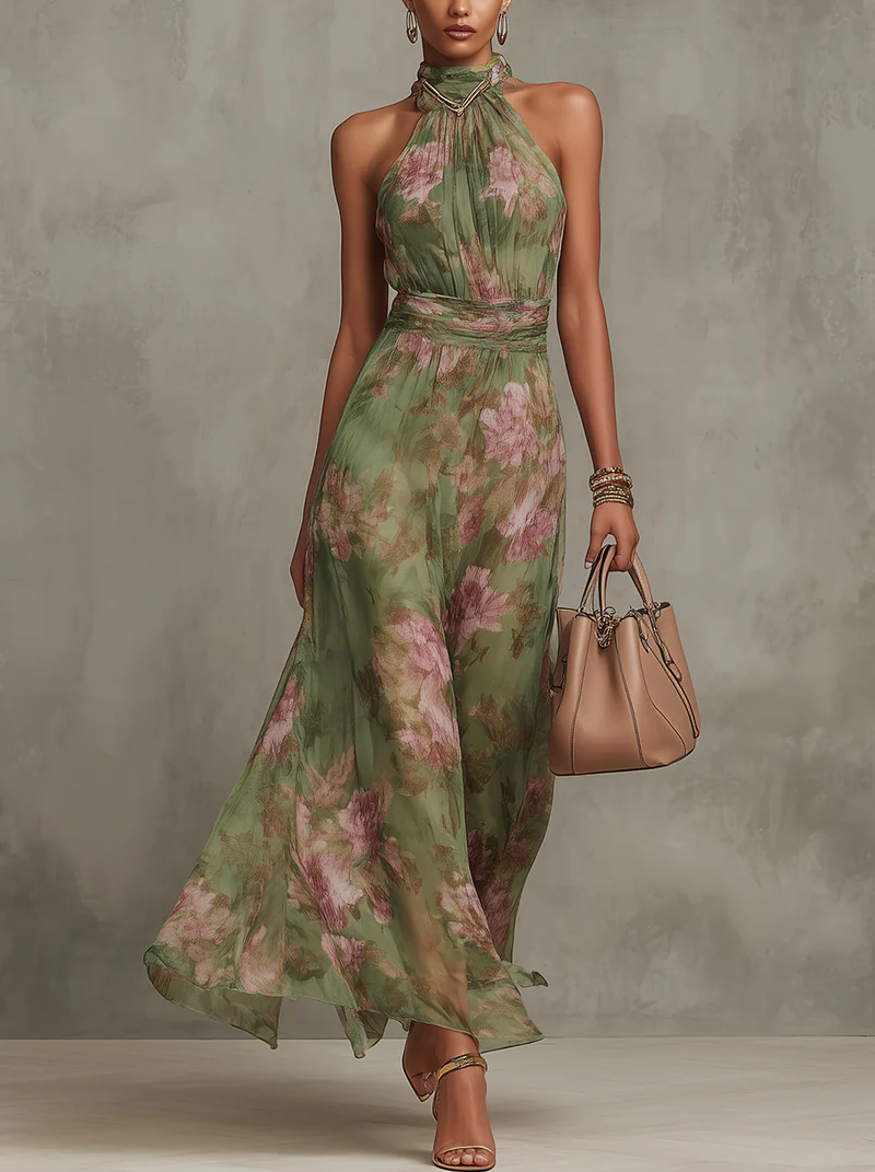 Vestido Sophie floral verde escote halter elegante – Cloe Paris
