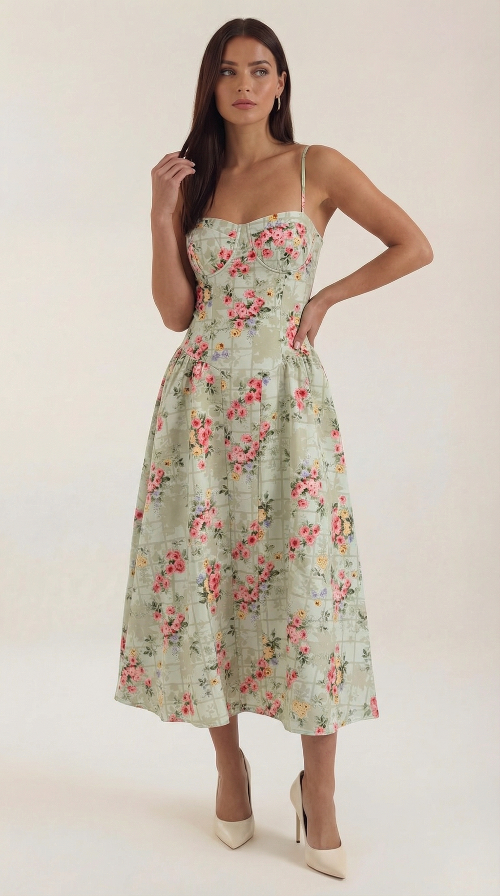 Vestido Rosa midi corset floral verde escote corazón – Cloe Paris